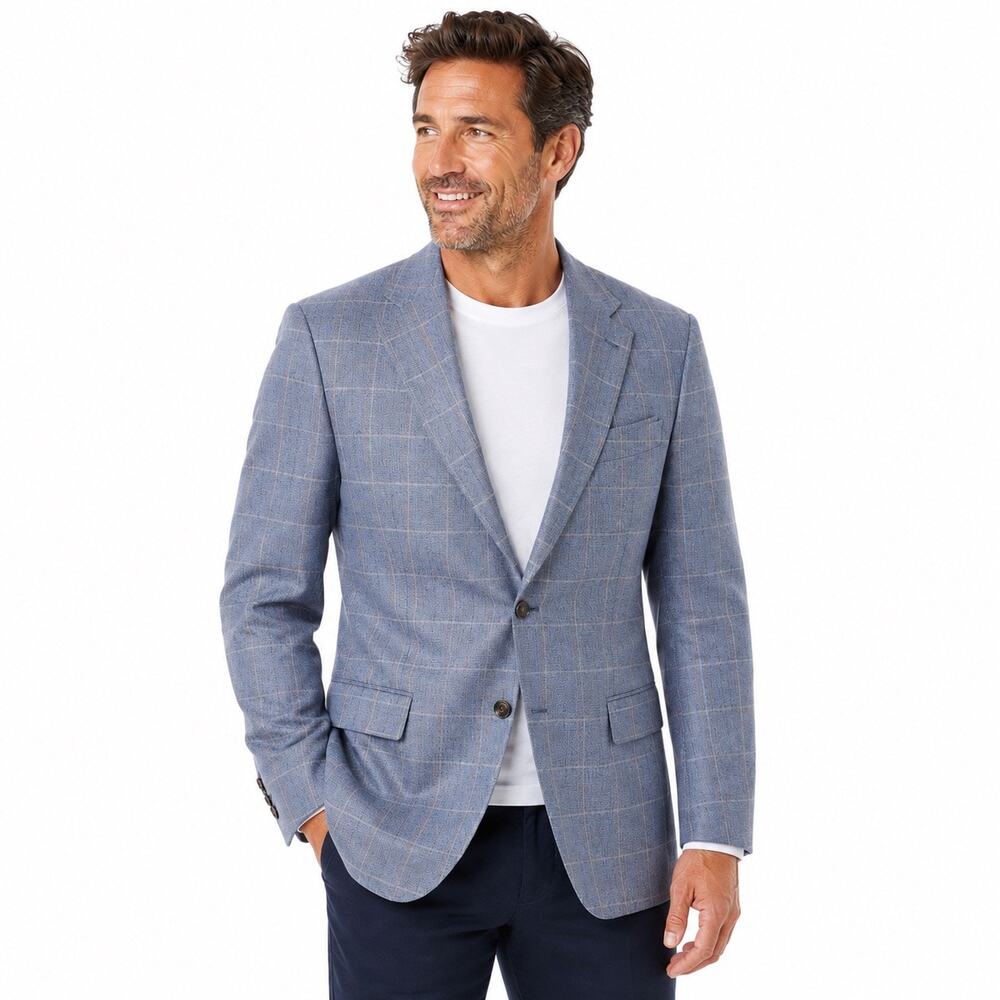 Joseph Abboud Collection 41R Sport Coat Blue Windowpane Wool Linen Silk Blazer